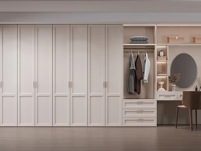 Modern White Wardrobe Interior Design With Panel Doors Clothing Rack Drawers And Mirror 3d model