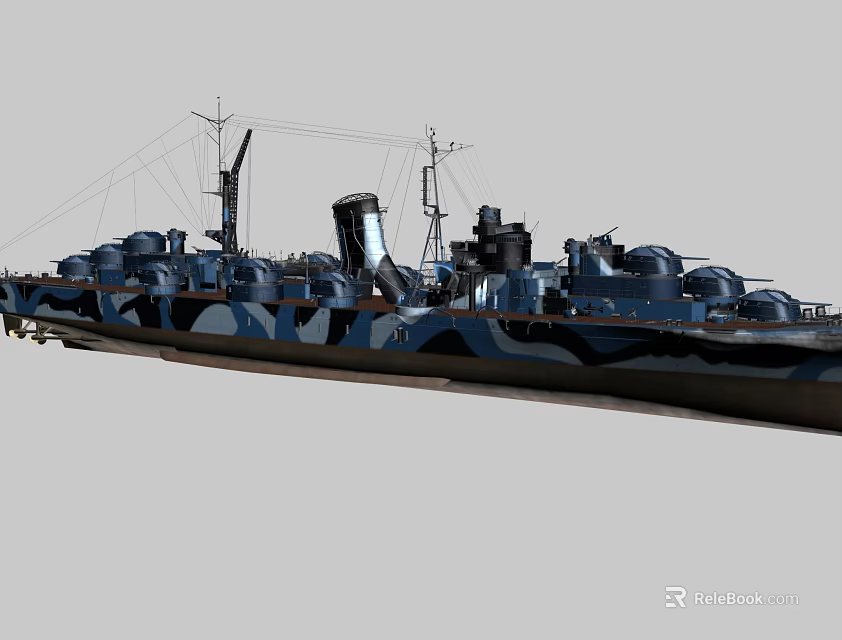 Military Warship Displaying Camouflage Paint Turrets And Smokestack On Deck 3d model 