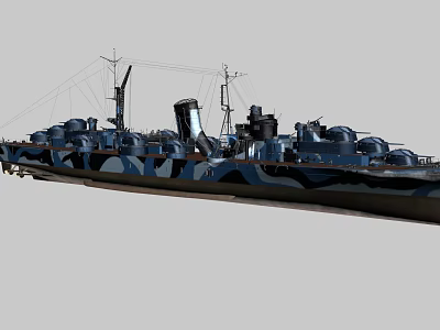 Military Warship Displaying Camouflage Paint Turrets And Smokestack On Deck 3d model