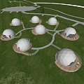 Scenic White Dome Structures Arranged On Green Grassland With Winding Paths 3d model