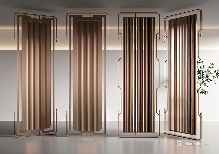 Elegant Modern Room Dividers With Metal Frames And Wooden Slats For Interior Design 3d model 