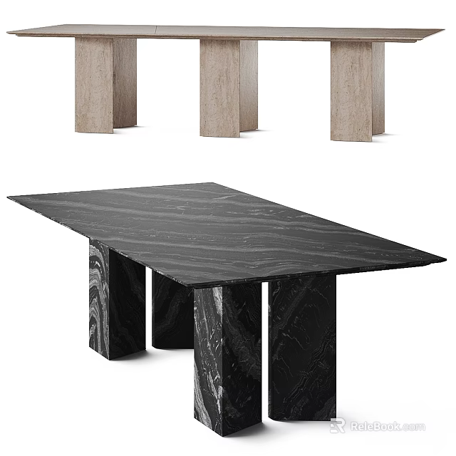 Sleek Black Marble Dining Table With Veined Top And Sturdy Marble Legs 3d model 