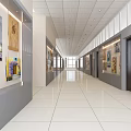 Modern Elevator Hallway with Artworks on Walls White Tiled Floor and Ceiling Lights