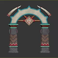 Ornate Decorative Archway With Horns Diamond Emblem Turquoise Pink Accents And Geometric Pattern Pillars