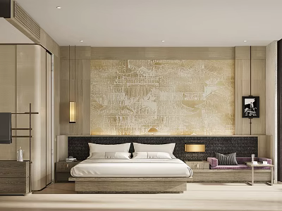 Hotel Guest Room With Modern Design Elegant Headboard Wall Bed Sofa And Neutral Tones 3d model