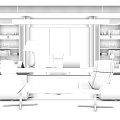 Modern Office Desk With Two Chairs Bookshelves Table Lamp And Background Painting
