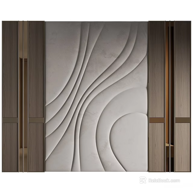 Modern Bedroom Accent Wall Design With Curved Patterns And Wood Frame Decor 3d model 