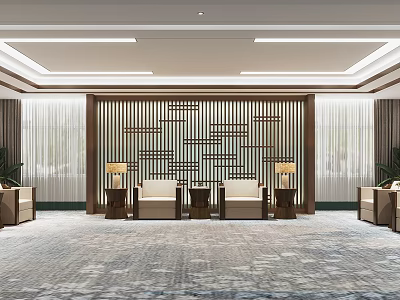 Modern Hotel Public Lounge With Comfortable Sofas Wooden Decorative Wall And Area Rug 3d model
