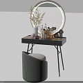 Elegant Modern Dressing Table Round Gold Frame Mirror Gray Stool Black Top With Cosmetics Vase