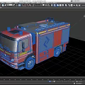 Red Fire Truck Featuring Blue Emergency Lights Yellow Stripes Silver Side Panels and Logo