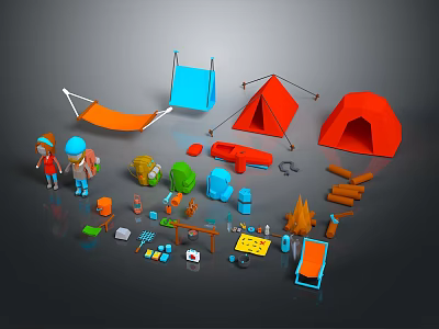 Camping Tent with Hammock Figures Campfire Setup and Outdoor Gear 3d model