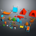 Camping Tent with Hammock Figures Campfire Setup and Outdoor Gear 3d model