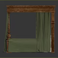 Vintage Wooden Four Poster Bed With Green Drapes And Classic Design