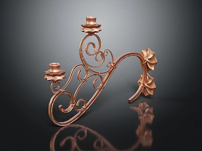 Elegant Copper Candlestick With Plant Motifs And Three Candle Holders On Black Background 3d model