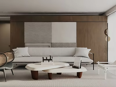 Modern Living Room Interior Design With Neutral Sofa Coffee Table Rattan Chair And Wall Art 3d model