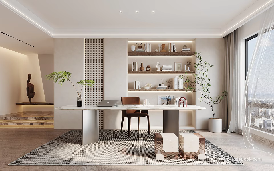 Modern Study Room Interior With Desk Chair Bookshelf And Plants 3d model