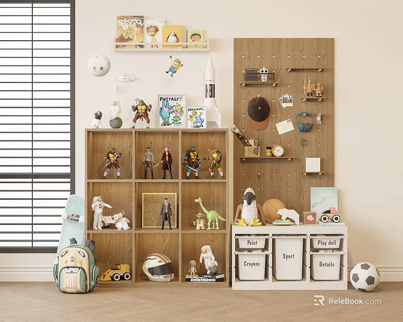 Playful Children's Room Interior With Toy Shelves Stuffed Animals Action Figures And Storage Bins 3d model 