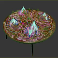 Cartoon Scene With Circular Platform Snowy Mountains Winding Rivers And Red Flowers