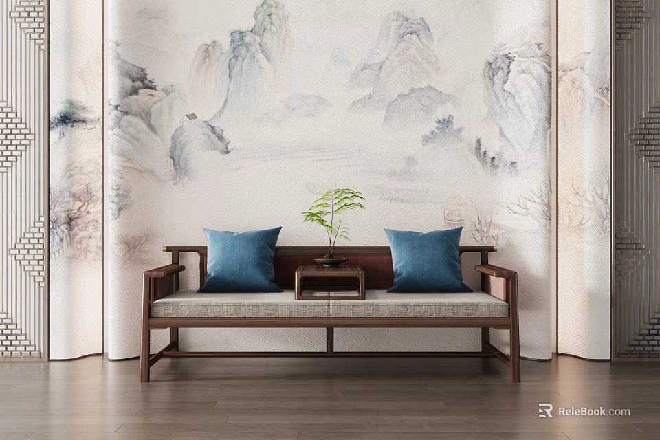 Chinese Style Arhat Bed With Wooden Frame Blue Cushions And Mountain Landscape Mural 3d model 