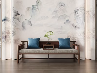 Chinese Style Arhat Bed With Wooden Frame Blue Cushions And Mountain Landscape Mural 3d model