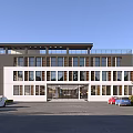 Modern Office Building With White And Dark Exterior Large Windows Spacious Parking Lot And Greenery