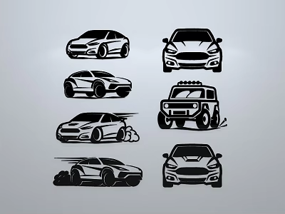 Black and White Car Silhouette Sculptures with Different Vehicle Styles and Design Details 3d model