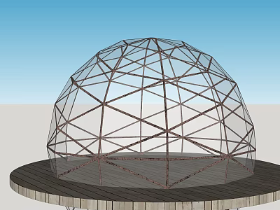 Spherical Glass Dome With Metal Frame Structure On Wooden Platform Base 3d model