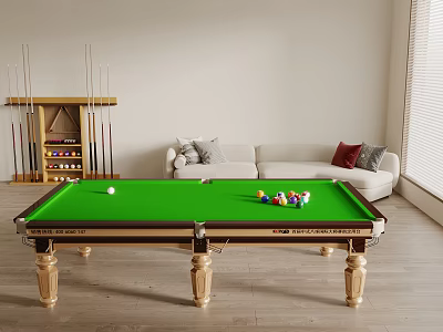 Cozy Billiard Room Interior With Green Felt Pool Table Sofa And Wooden Cue Rack 3d model