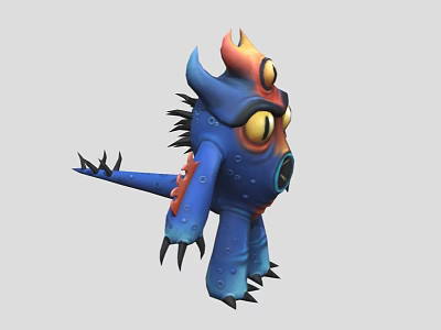 Fantasy Game Monster Character With Blue Body Flaming Head Black Spikes And Large Yellow Eyes 3d model