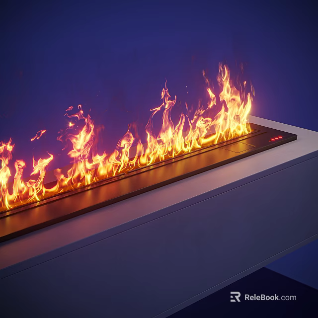 Modern Linear Fireplace With Vibrant Realistic Flames In Contemporary Blue Setting 3d model 