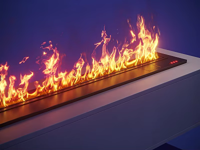 Modern Linear Fireplace With Vibrant Realistic Flames In Contemporary Blue Setting 3d model