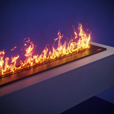 Modern Linear Fireplace With Vibrant Realistic Flames In Contemporary Blue Setting 3d model
