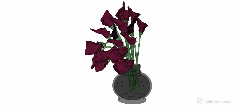 Decorative Purple Flowers Arrangement in Clear Glass Vase with Green Stems 3d model 