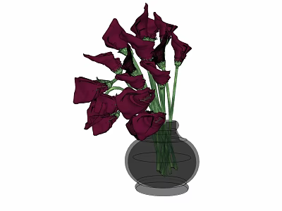 Decorative Purple Flowers Arrangement in Clear Glass Vase with Green Stems 3d model