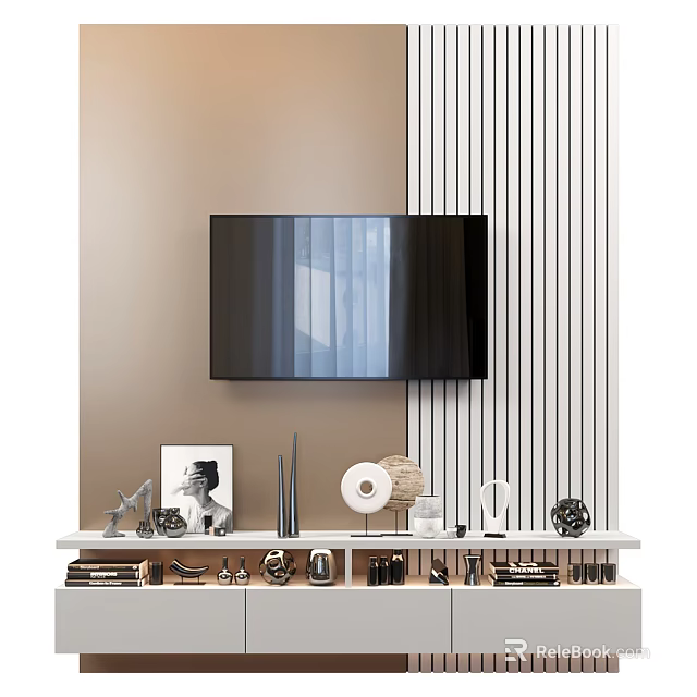 Modern TV Wall Interior Design With Vertical Striped Panels And Decorative Shelf Items 3d model