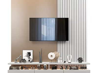 Modern TV Wall Interior Design With Vertical Striped Panels And Decorative Shelf Items 3d model