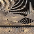 Modern Ceiling Design With Slatted Wooden Panels Geometric Pattern And Recessed Lights