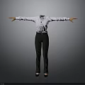 Man With Arms Outstretched In White Shirt Black Pants Black Shoes On Gray Background