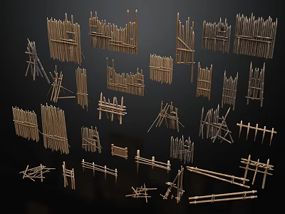 Various Bamboo Fence Structures Design Elements With Different Shapes And Sizes 3d model
