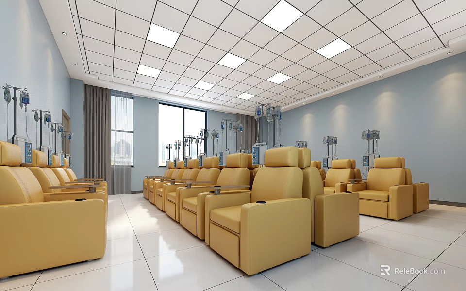 Modern Medical Infusion Room with Yellow Reclining Chairs IV Stands Ceiling Lights and Blue Walls 3d model 