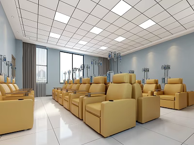 Modern Medical Infusion Room with Yellow Reclining Chairs IV Stands Ceiling Lights and Blue Walls 3d model