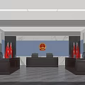 Conference Room With Red Flags Central Emblem Dark Wooden Tables Chairs And Light Blue Walls