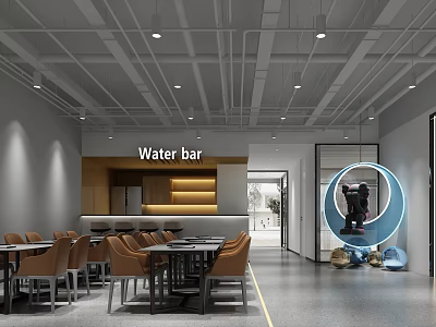 Modern Café Interior Featuring Water Bar Tables Chairs Exposed Ceiling Pipes Pendant Lights Circular Decor 3d model