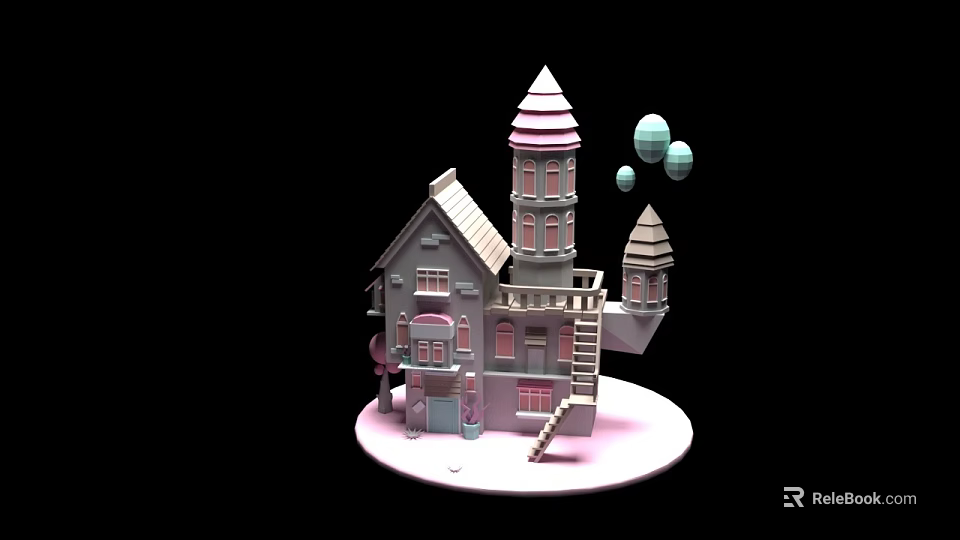Cartoon Scene With Whimsical Building Spires Towers And Balloons On Circular Platform 3d model 