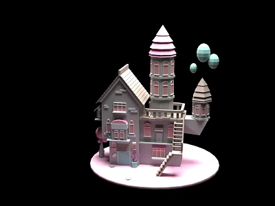 Cartoon Scene With Whimsical Building Spires Towers And Balloons On Circular Platform 3d model
