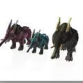 Three Colorful Horned Fantasy Creatures Standing As 3D Models In Pink Blue And Dark Gray