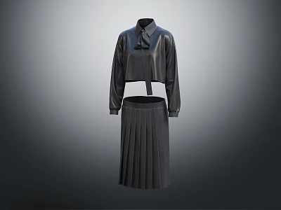 Black Long Sleeve Tie Neck Cropped Top With Pleated Skirt Fashion Outfit 3d model
