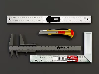 Precision Measuring Tools Collection With Ruler Utility Knife Caliper And Square 3d model