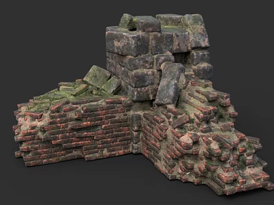 Ancient Ruined Building Structure With Broken Bricks Stones And Mossy Surfaces 3d model