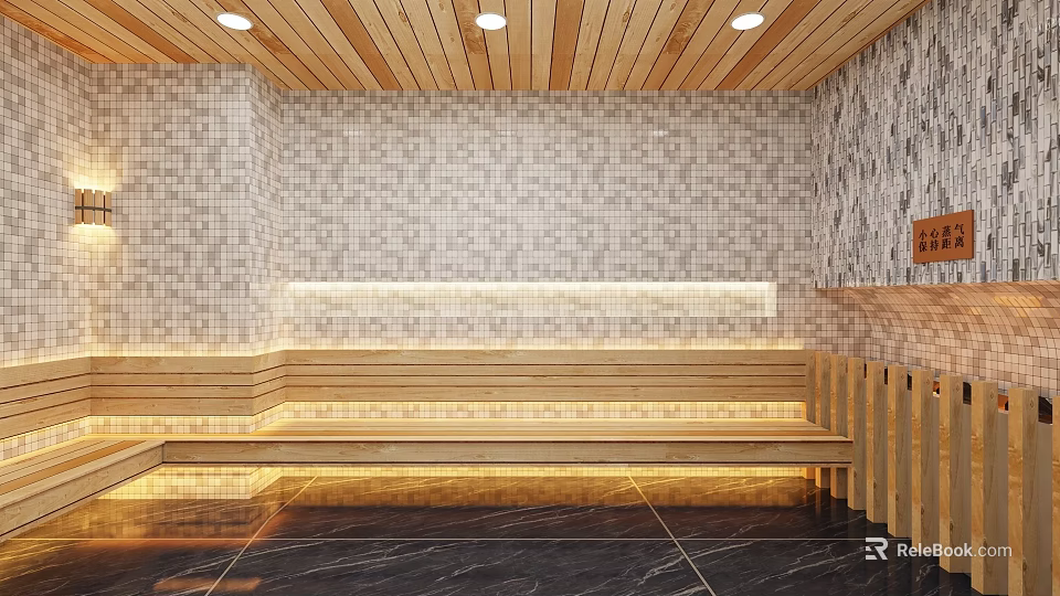 Modern Shower Sauna Interior With Wooden Ceiling Mosaic Tiles Benches Lighting And Marble Floor 3d model 